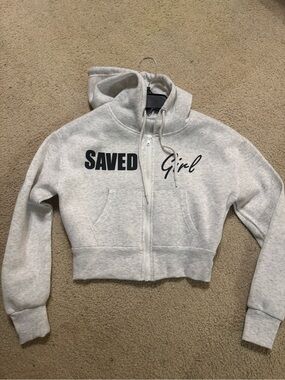 Cropped Light Gray Zip Hoodie with 'SAVED Girl' Print